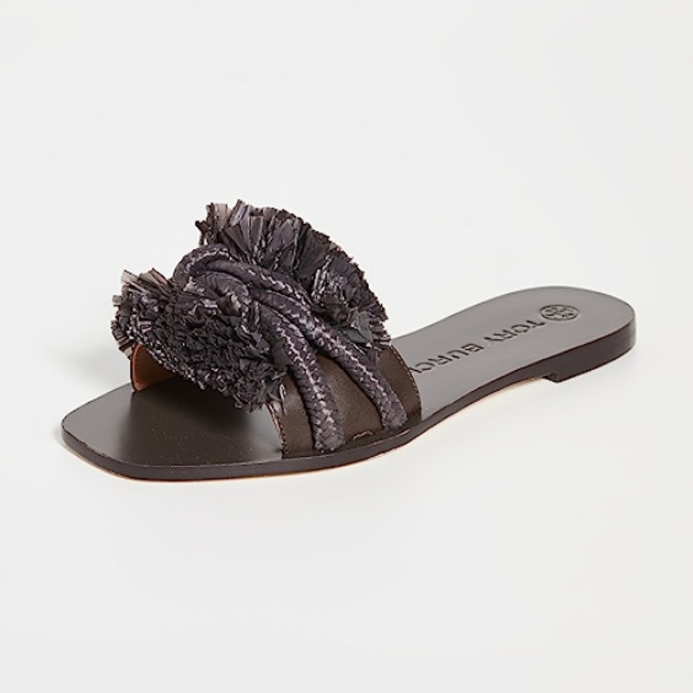 Tory Burch Raffia Fringe Rope Flat Slide Sandals - Picture 2 of 13